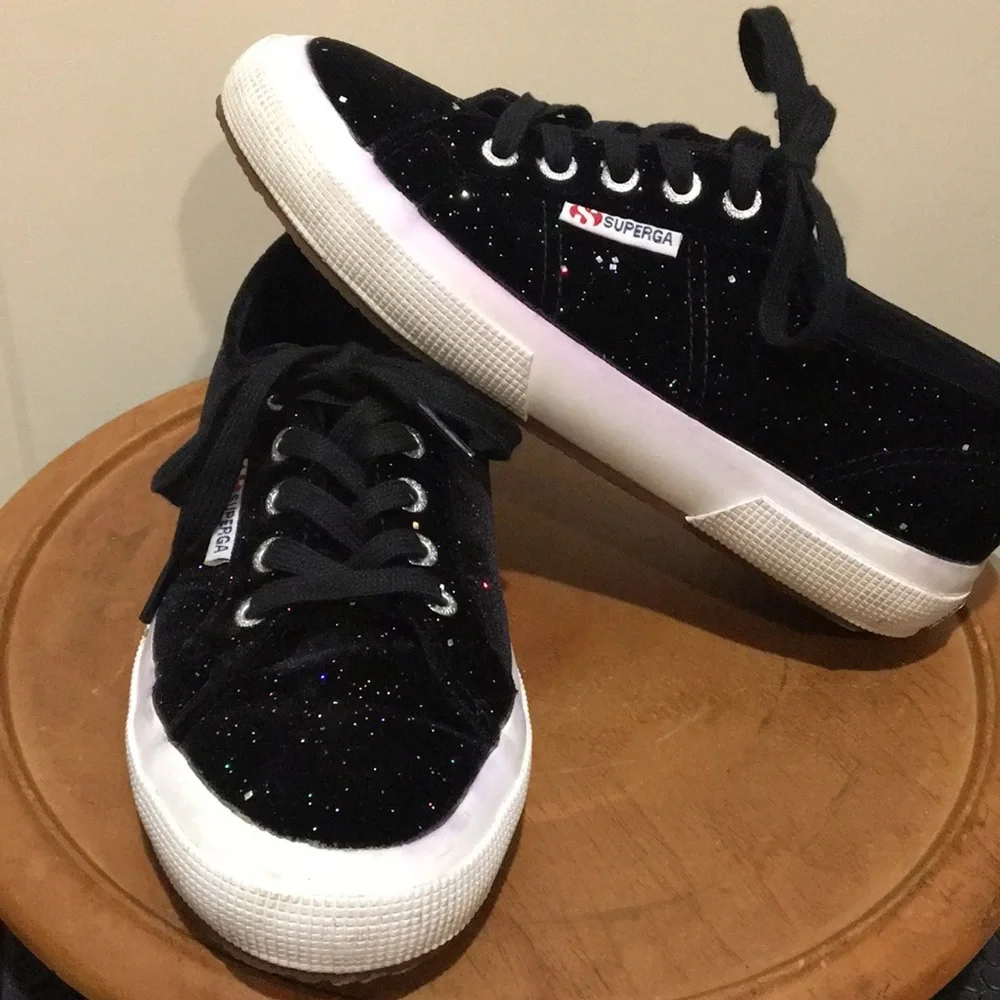 SUPERGA unisex lace up Black Velvet Glitter Sneaker shoe Size 36 (6W/ 4.5M)